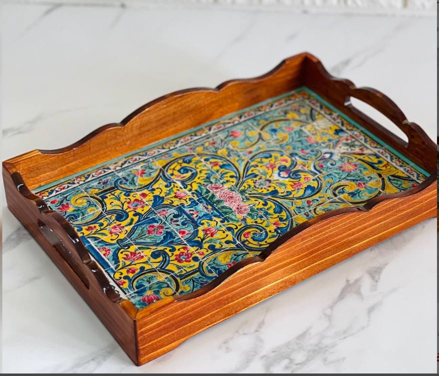 Persian Vintage Handcrafted Rectangular  Wooden Serving Tray - Golestan Design