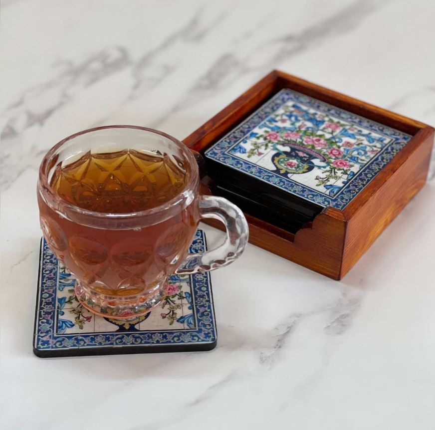 6 Pieces Persian Vintage Handcrafted Wooden Cup Coaster - Haft Rang Design