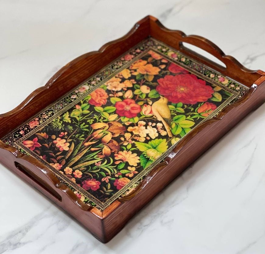 Persian Vintage Handcrafted Rectangular Wooden Serving Tray - Gole Va Morgh Design