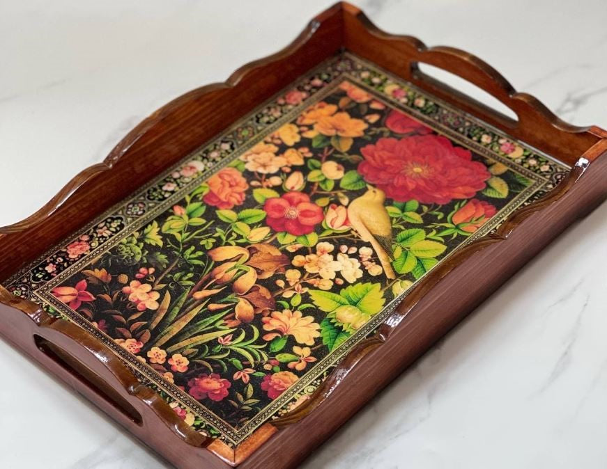 Persian Vintage Handcrafted Rectangular Wooden Serving Tray - Gole Va Morgh Design