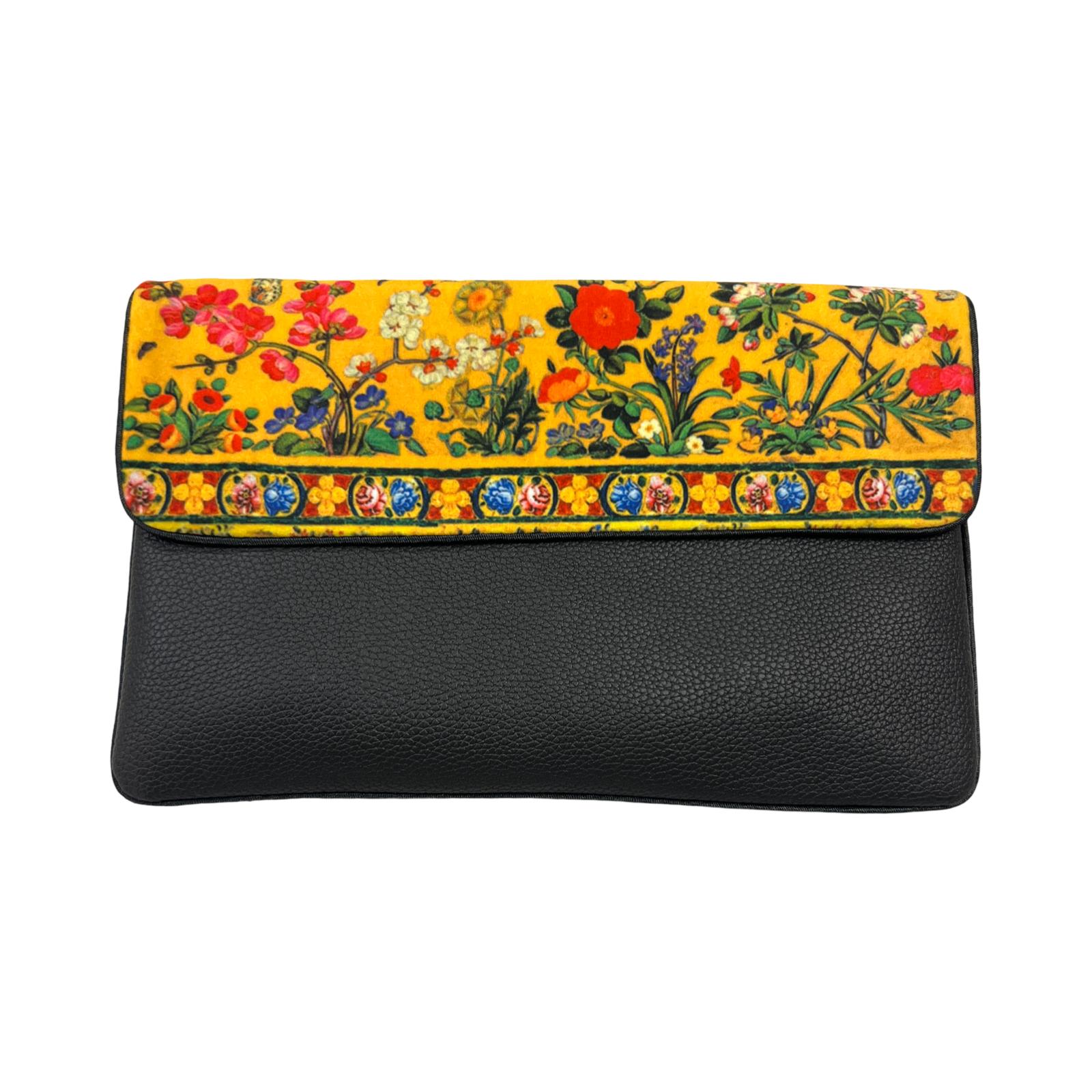 Persian Vintage Handmade Velvet & Leather Purse - Yellow Flower Design