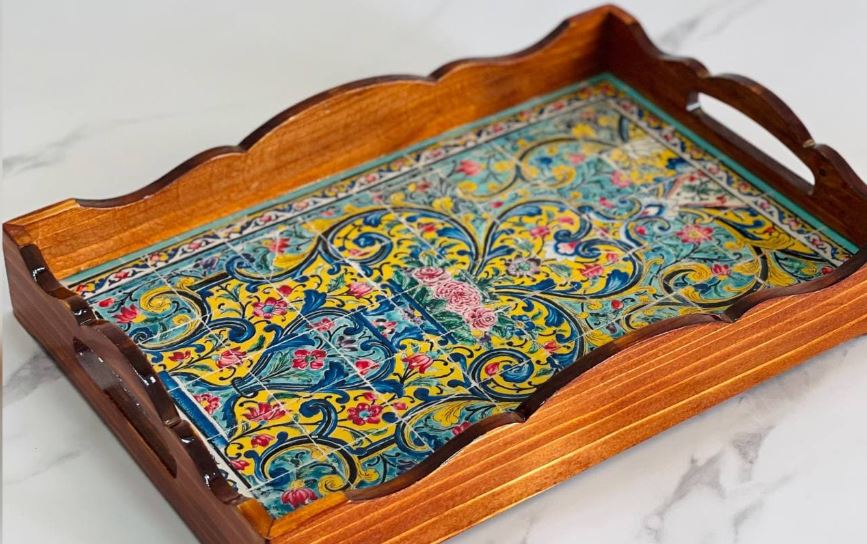 Persian Vintage Handcrafted Rectangular  Wooden Serving Tray - Golestan Design