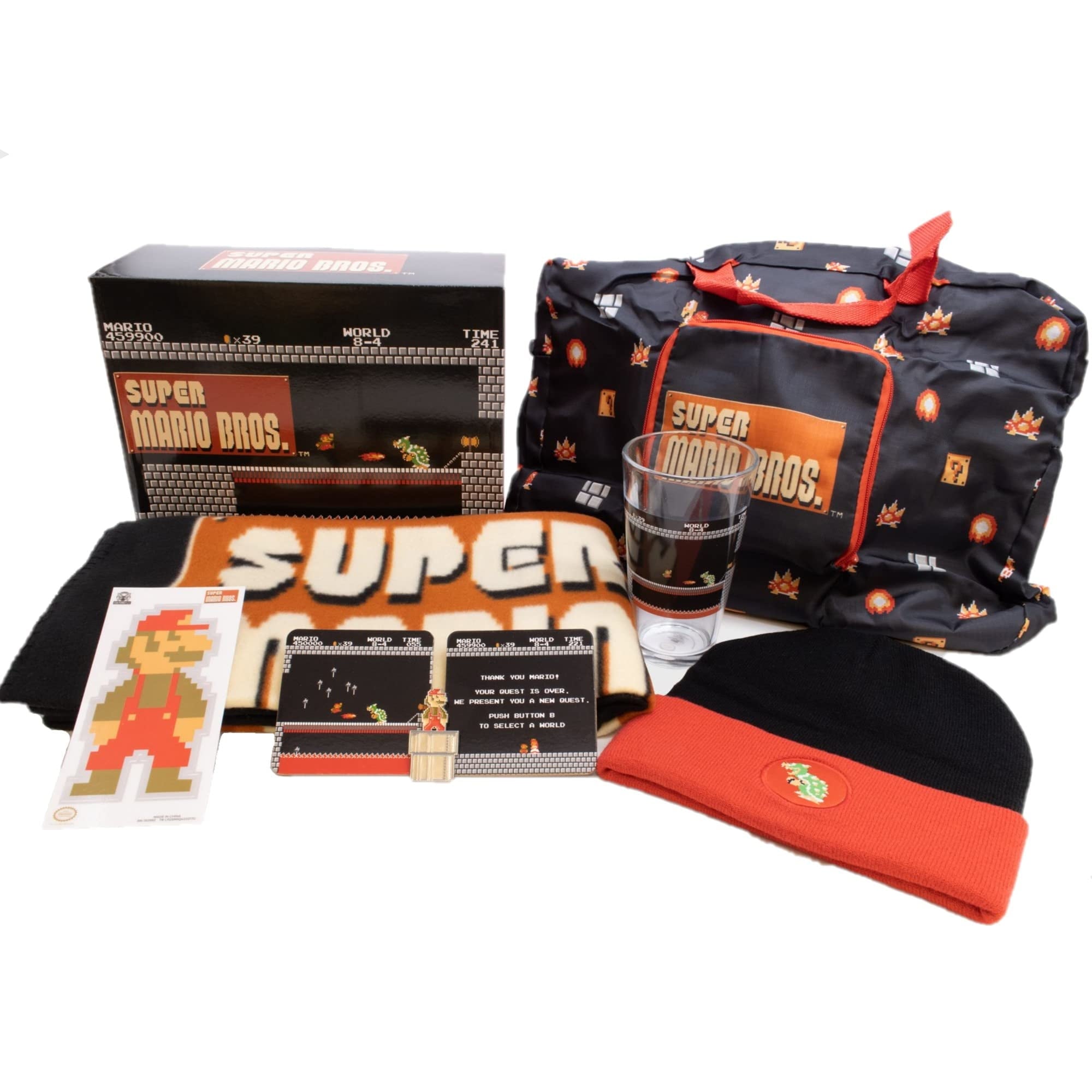 Culture Fly Super Mario Bros. NES Collector's Gift Box | Includes 7 Items - Foldable duffle bag, Pint glass, Bowser Beanie, Mario pipe sliding pin, Plush Blanket, Coaster set, & Mario decal sticker