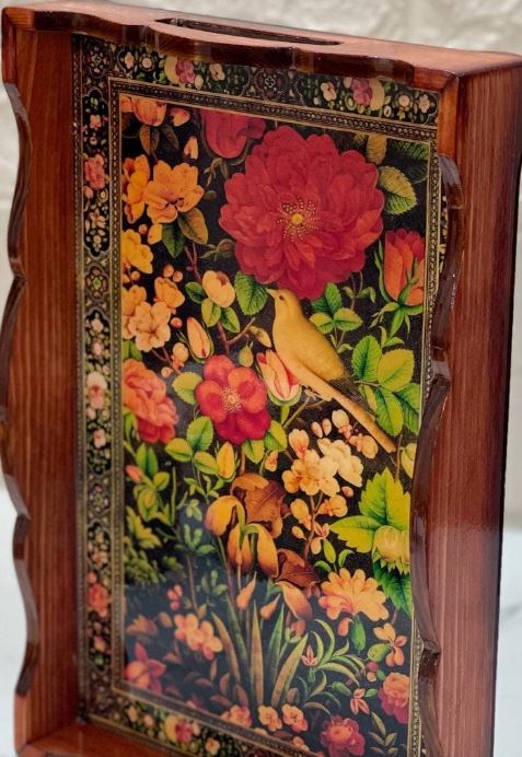 Persian Vintage Handcrafted Rectangular Wooden Serving Tray - Gole Va Morgh Design