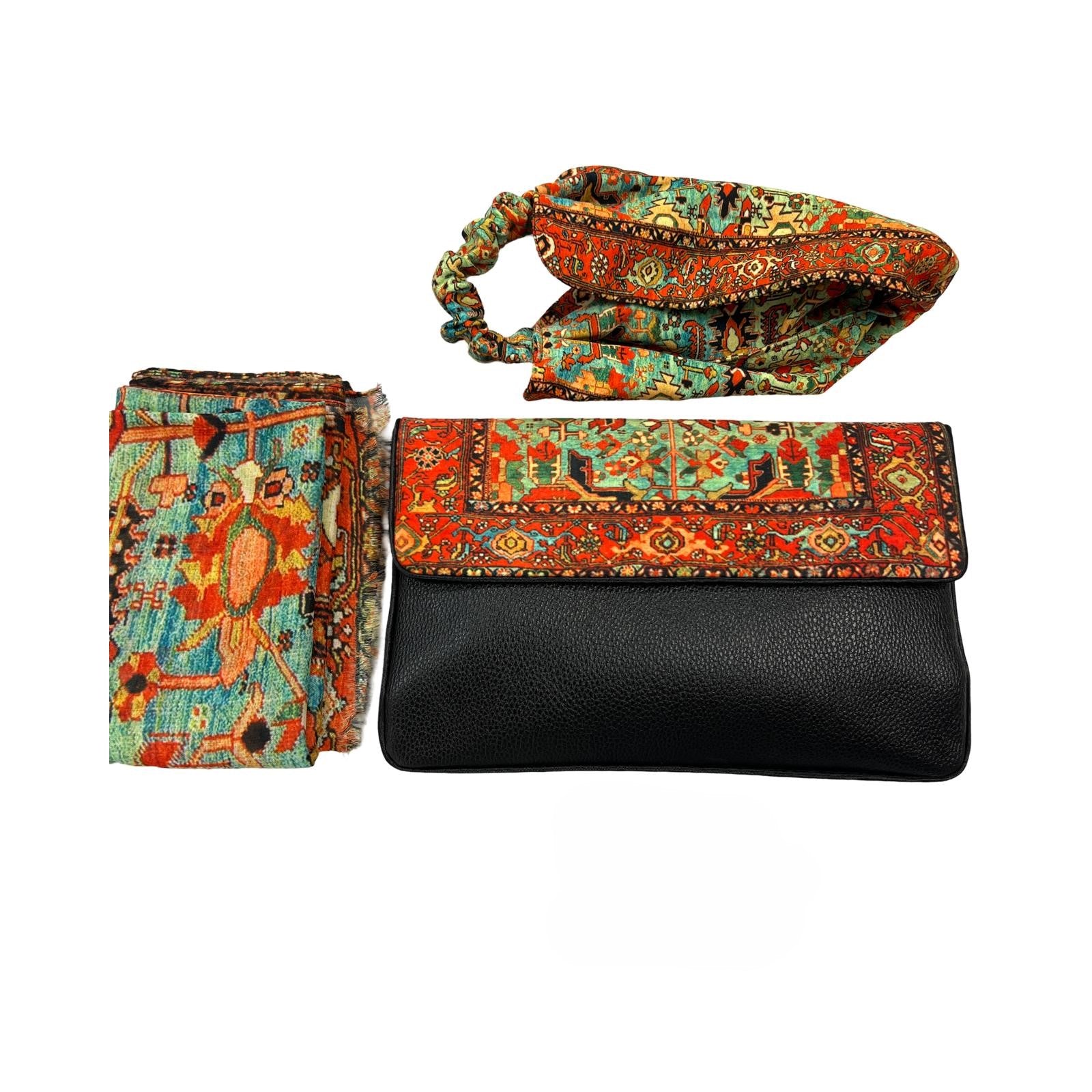 Persian Vintage Handmade Velvet & Leather Purse - Heris Design