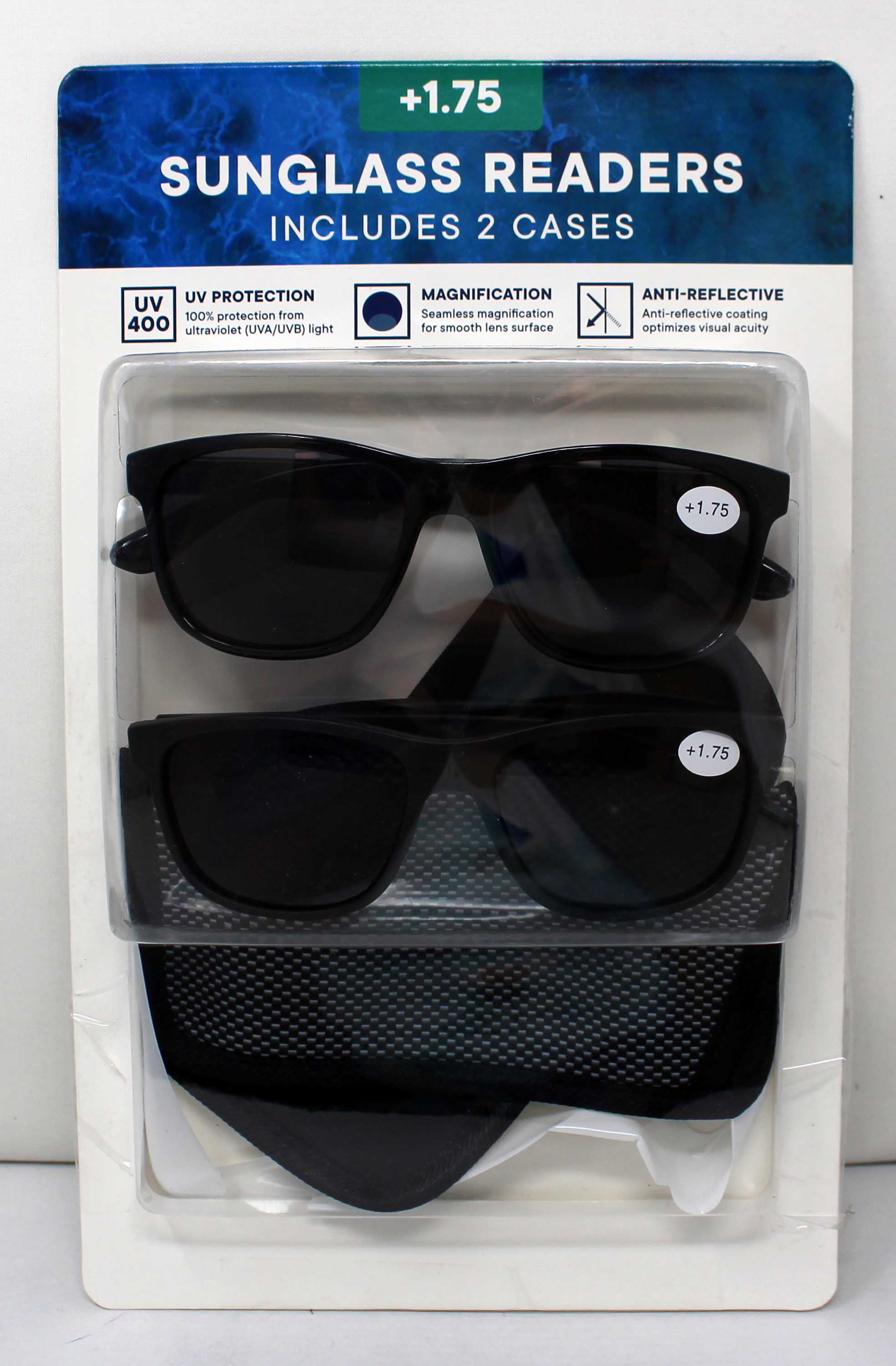 Sunglass Readers Frame UV Protect/Anti-Reflective +1.75 Includes 2 Cases Black