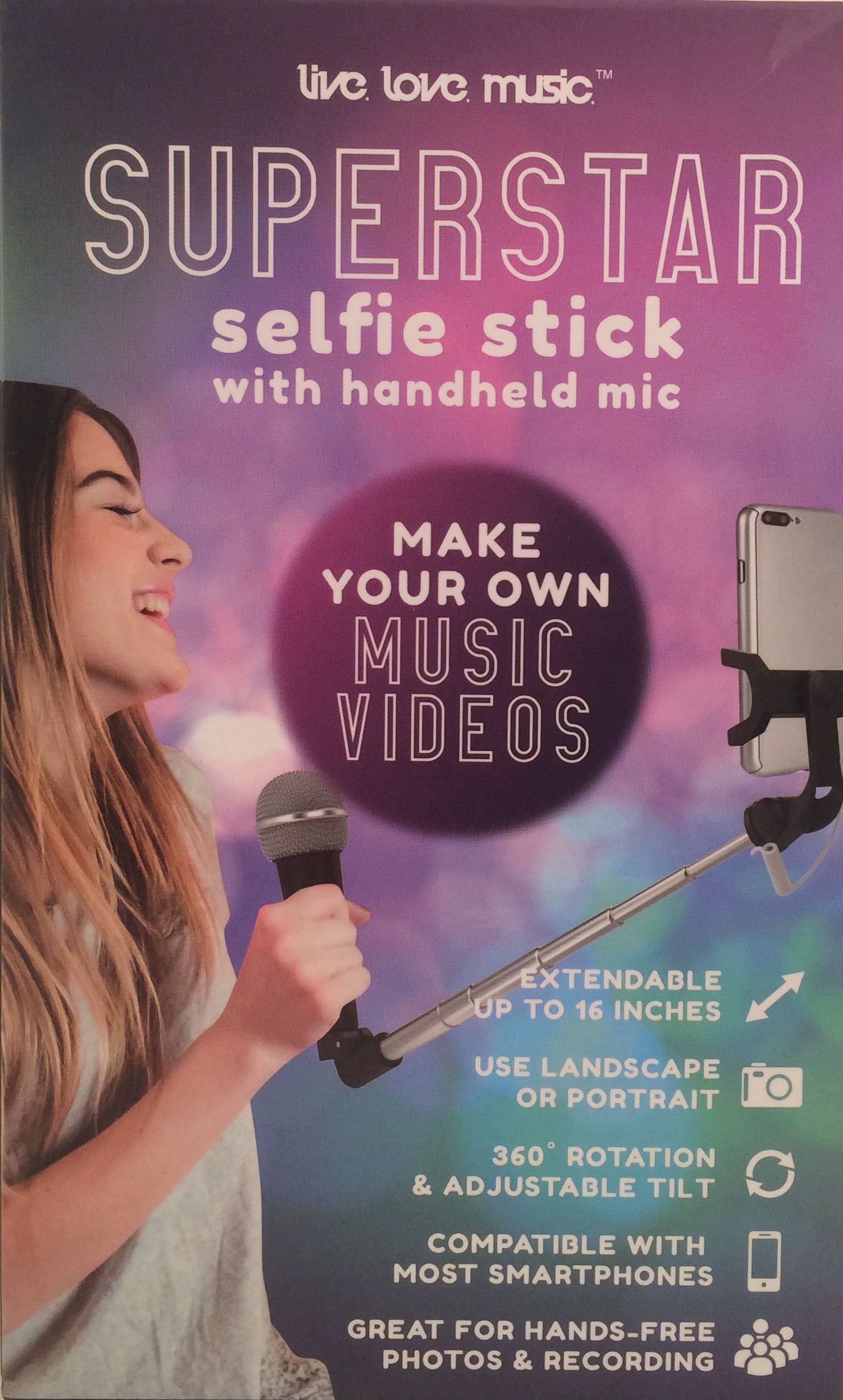 Live. Love . Music Superstar Selfie Stick With Handheld Mic