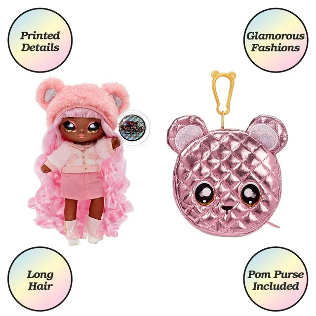 Na Na Na Surprise Glam Series Cali Grizzly Fashion Doll And Bear Purse, Pink Hair Doll With Metallic Pink Bear Purse, 2-In-1 Toy for Girls Ages 5 6 7+