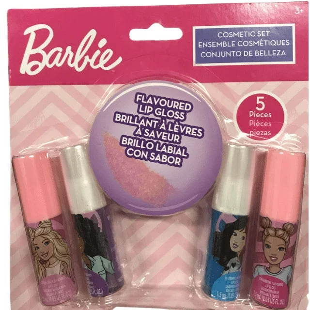 Barbie Cosmetic set 5 flavored Lip Gloss set includes Boombox Shape Box