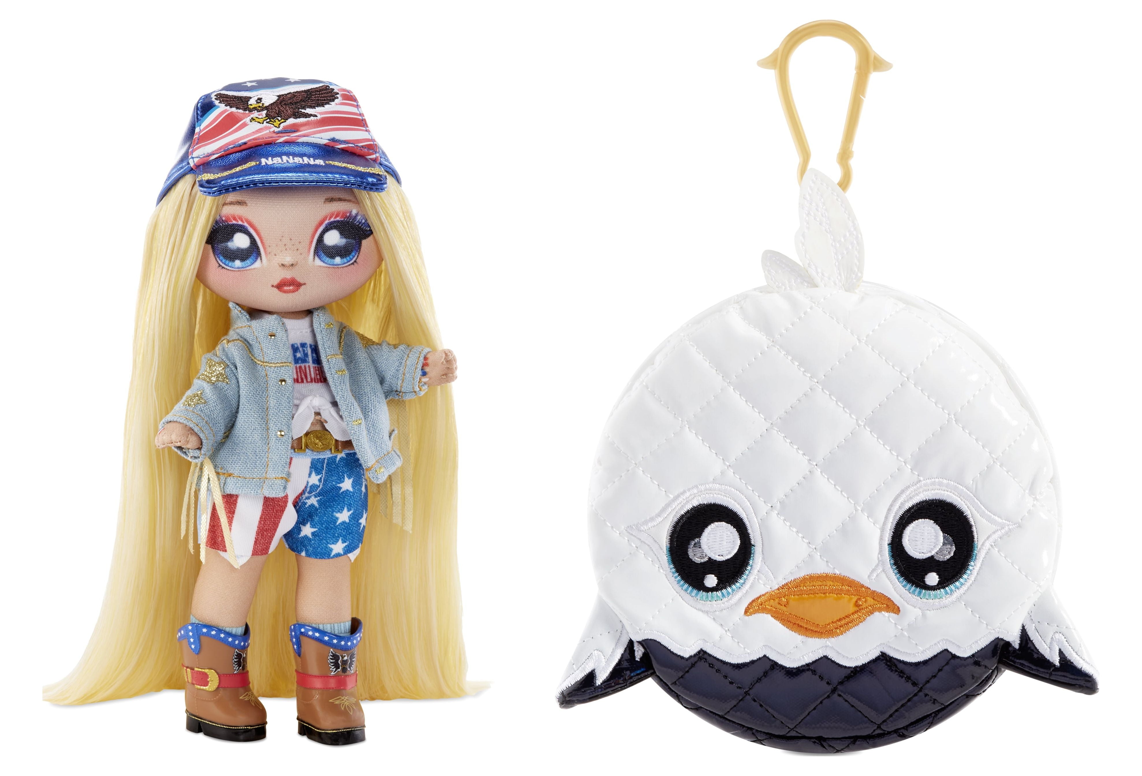 Na Na Na Surprise Glam Series 2 Erika Featherton - Patriotic Eagle-Inspired 7.5" Fashion Doll with Blonde Hair and Metallic Clip-on Eagle Purse, 2-in-1 Gift, Toy for Kids Ages 5 6 7 8+ Years