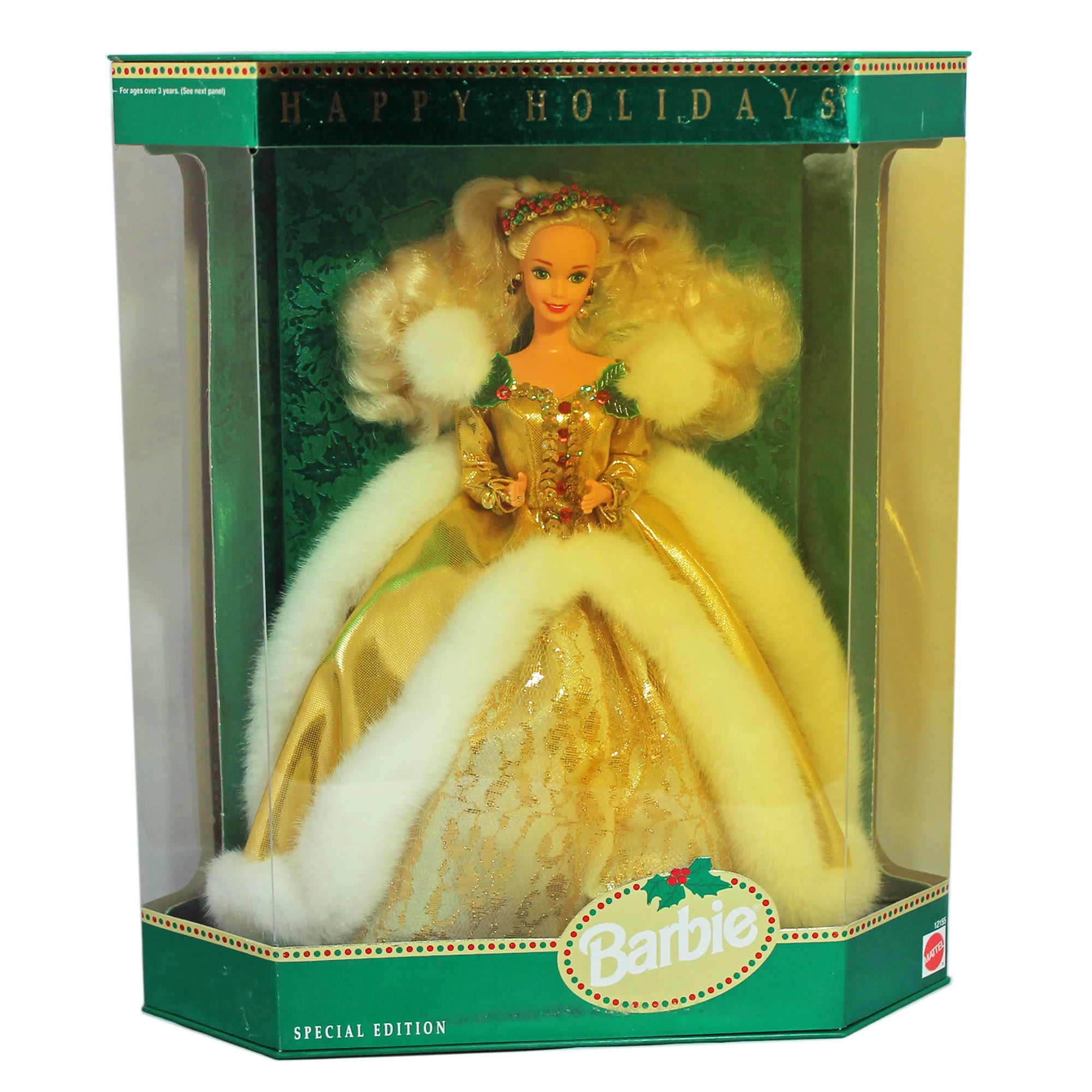 1994 Happy Holidays Barbie, NRFB, (12155) Non-Mint Box( Broken Bar)