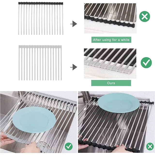 Ideal Kitchen Roll Up Dish Drying Rack, Over Sink Dish Drying Rack, Foldable All Silicone Coated Rolling Sink Rack Mat with(Tough Steel Iron Rod )Dish Drainer for Kitchen (17''x 13'')