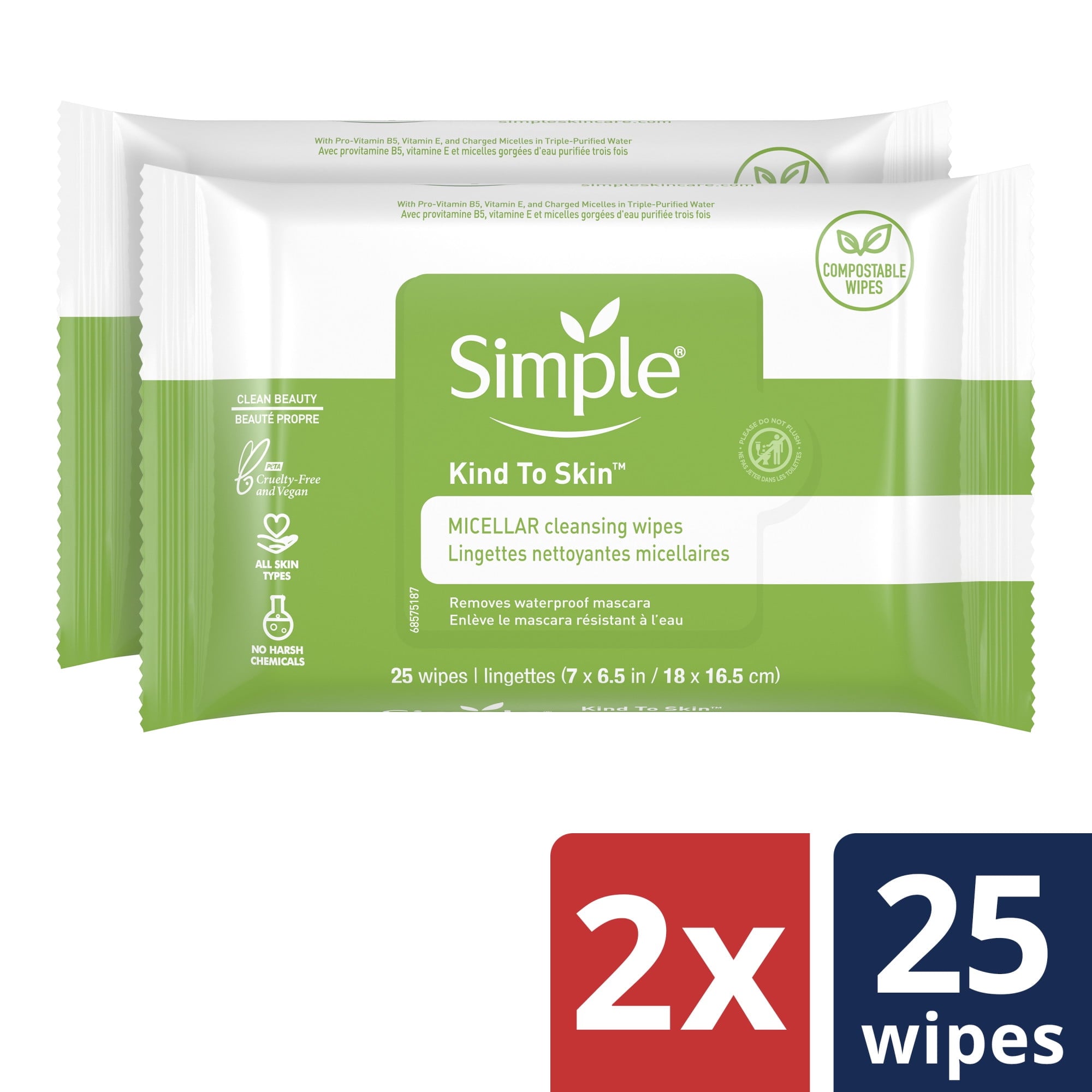 Simple Kind to Skin Facial Care Micellar Wipes 25 ct, Twin Pack