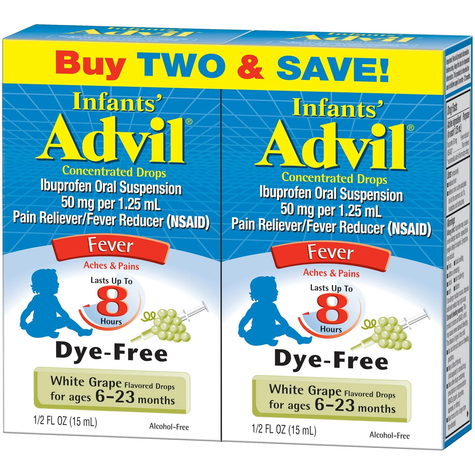 Infants' AdvilÂ® Concentrated Drops Fever Reducer/Pain Reliever (Ibuprofen) in Dye-Free White Grape Flavor 50mg 2-0.5 fl. oz. Boxes