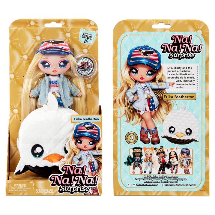 Na Na Na Surprise Glam Series 2 Erika Featherton - Patriotic Eagle-Inspired 7.5" Fashion Doll with Blonde Hair and Metallic Clip-on Eagle Purse, 2-in-1 Gift, Toy for Kids Ages 5 6 7 8+ Years