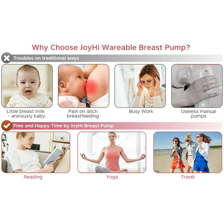 JoyHi Wearable Breast Pump Hands Free - Portable Wireless Breast Pump Electric with 3 Mode & 9 Levels, Silicone Breastfeeding Breastpump Can Be Worn in-Bra, Low Noise & Painless with Massage 24mm