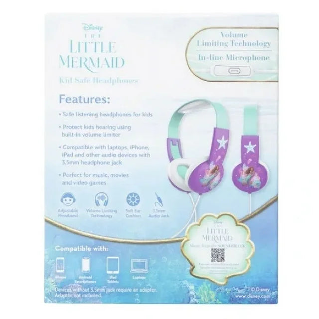 Disney The Little Mermaid Kid Safe Headphones w/in-Line Microphone