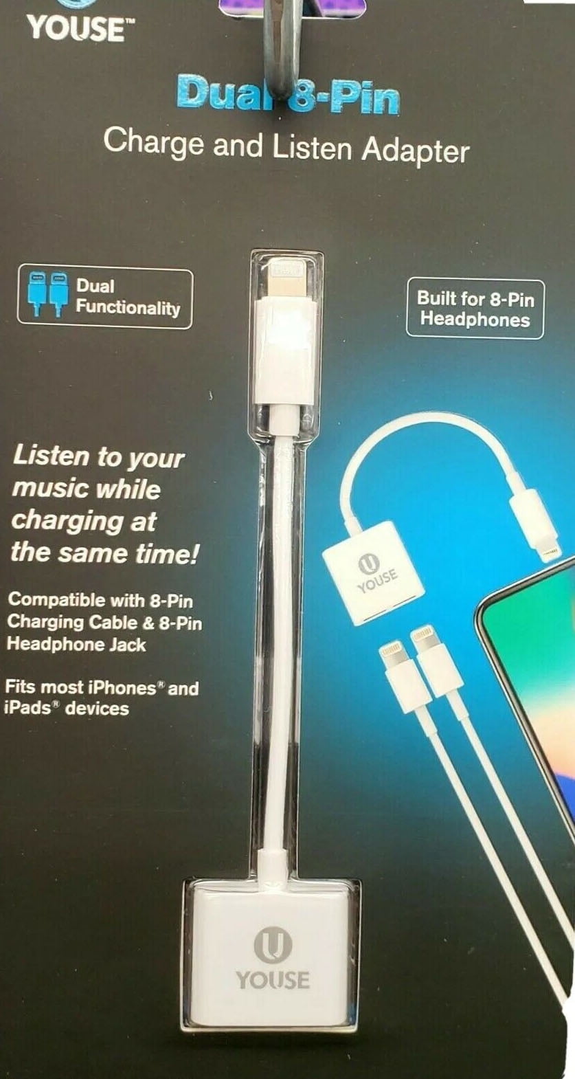 Youse 8-Pin to 3.5mm Headphone Jack, Charge and Listen Adapter (Listen to Music While Charging at the Same Time! )