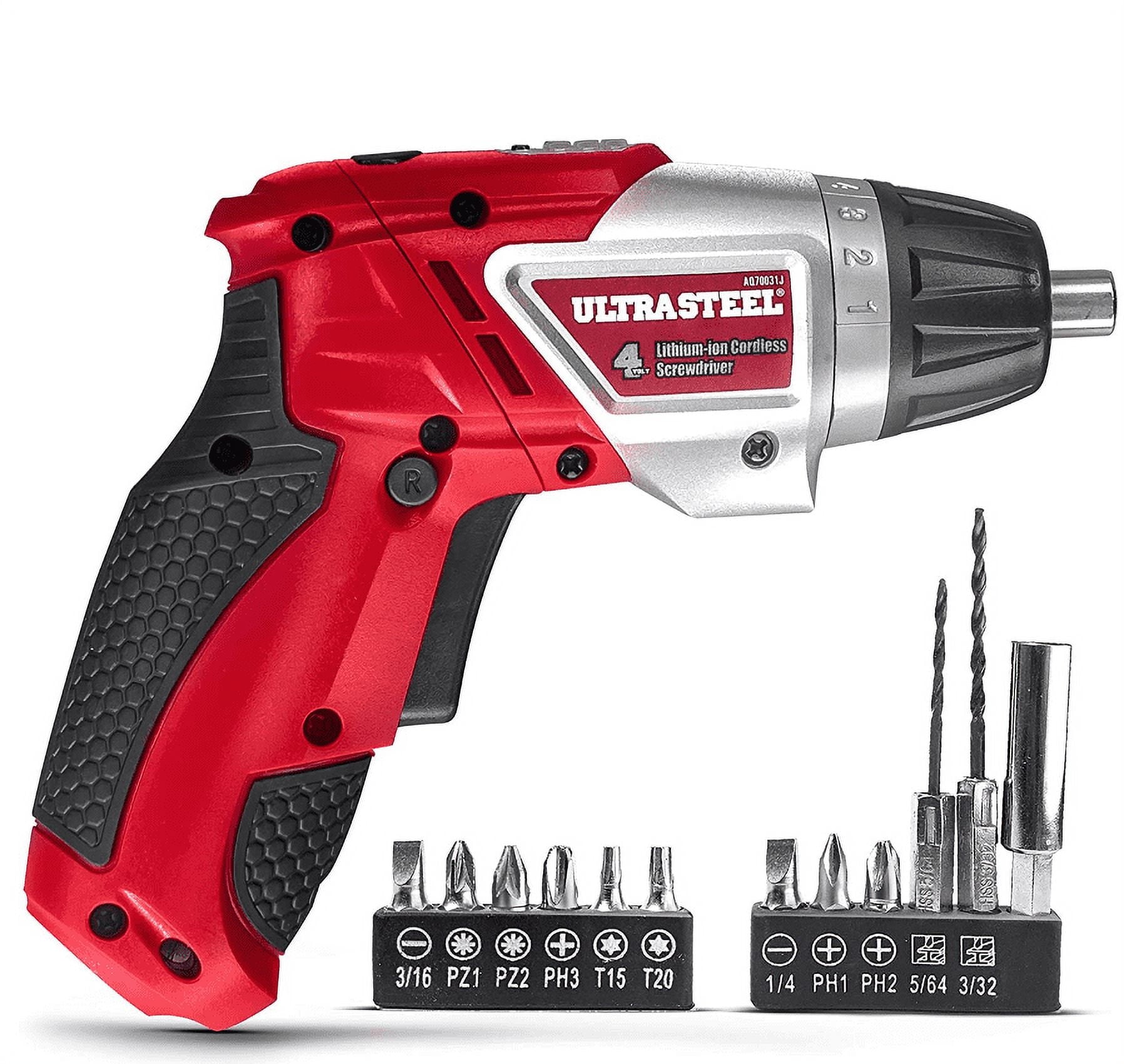 ULTRA STEEL 4V Lithium-Ion Cordless Rechargeable Dual-Position Screwdriver, 6+1 Torque Settings, LED Light w/ 1-Year Warranty, 2pc Drill Bit, 10pcs Driver Bits