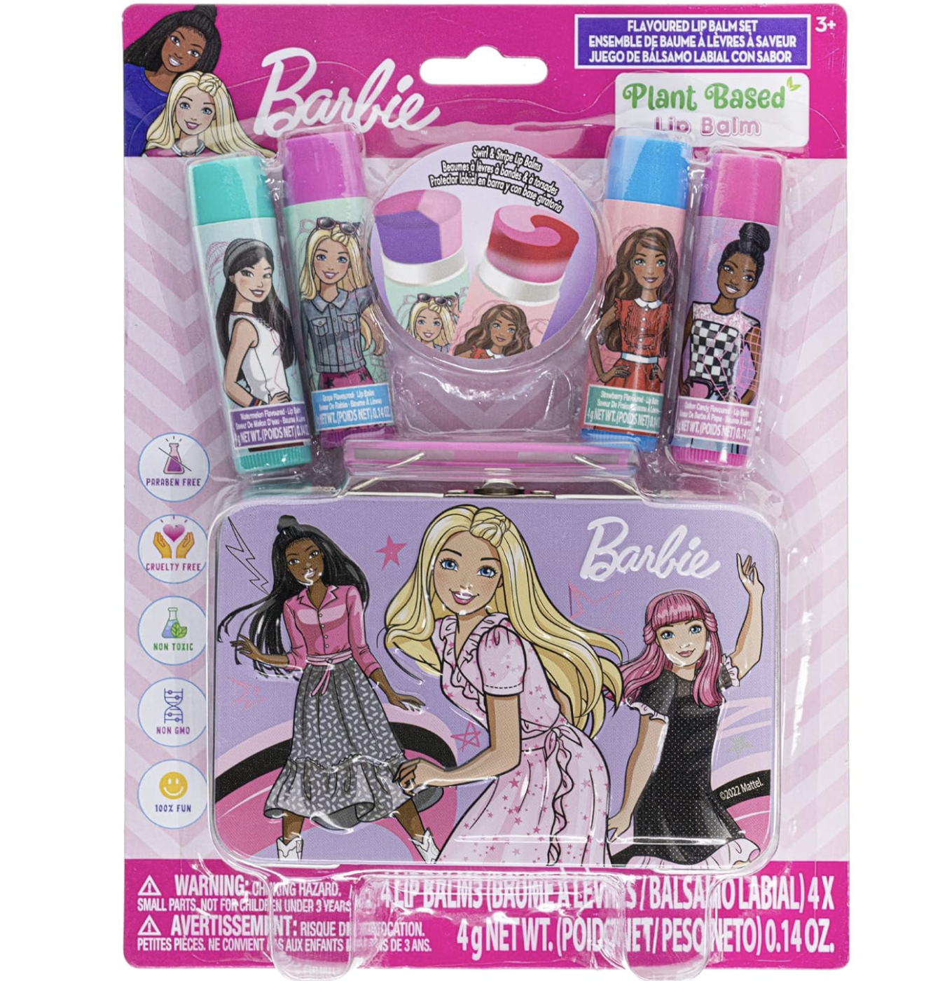 Barbie Townley Girl Plant Based 4 Pk Swirl Lip Balm with Tin Case Makeup Cosmetic Set for Kids and Girls