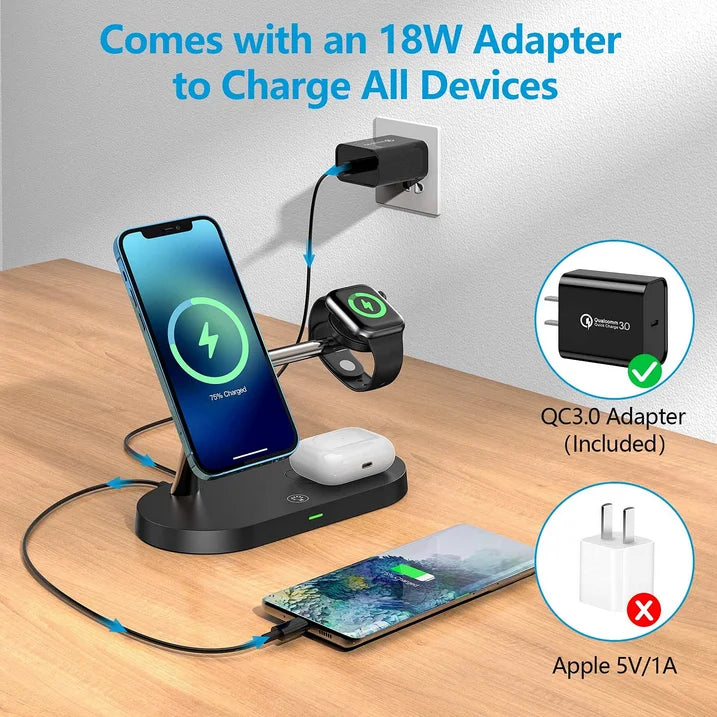 UUTO 5 in 1 Magnetic Wireless Charger Compatible for iPhone 13/12 Series, iWatch 7/SE/6/5/4/3/2, Airpods 3/2/Pro, 15W Fast Wireless Charging Station with QC 3.0 Adapter