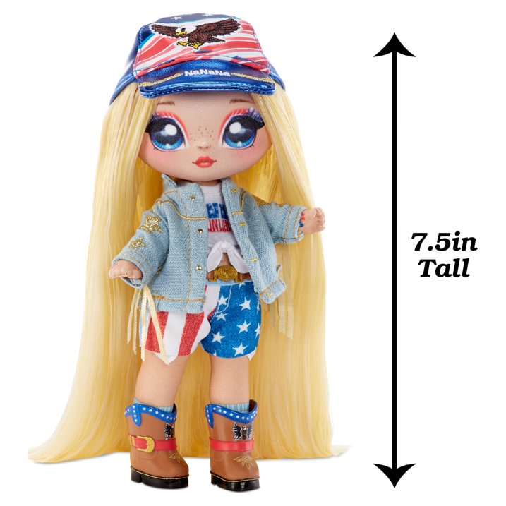 Na Na Na Surprise Glam Series 2 Erika Featherton - Patriotic Eagle-Inspired 7.5" Fashion Doll with Blonde Hair and Metallic Clip-on Eagle Purse, 2-in-1 Gift, Toy for Kids Ages 5 6 7 8+ Years