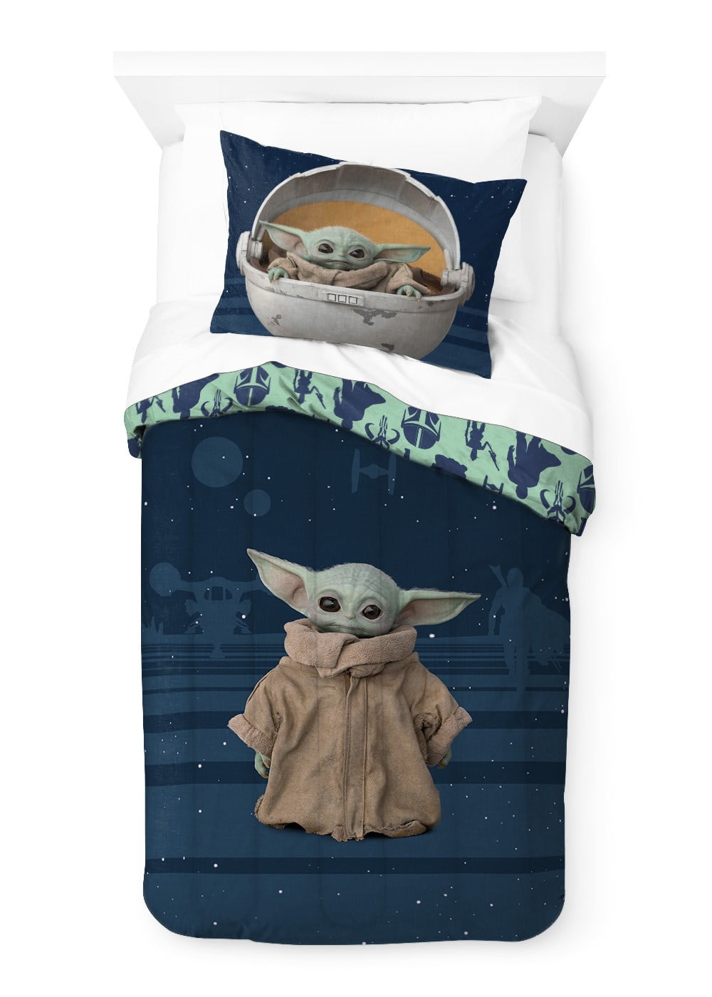 The Mandalorian Baby Yoda Kids 2-Piece Twin/Full Comforter Set, Reversible, Microfiber, Star Wars