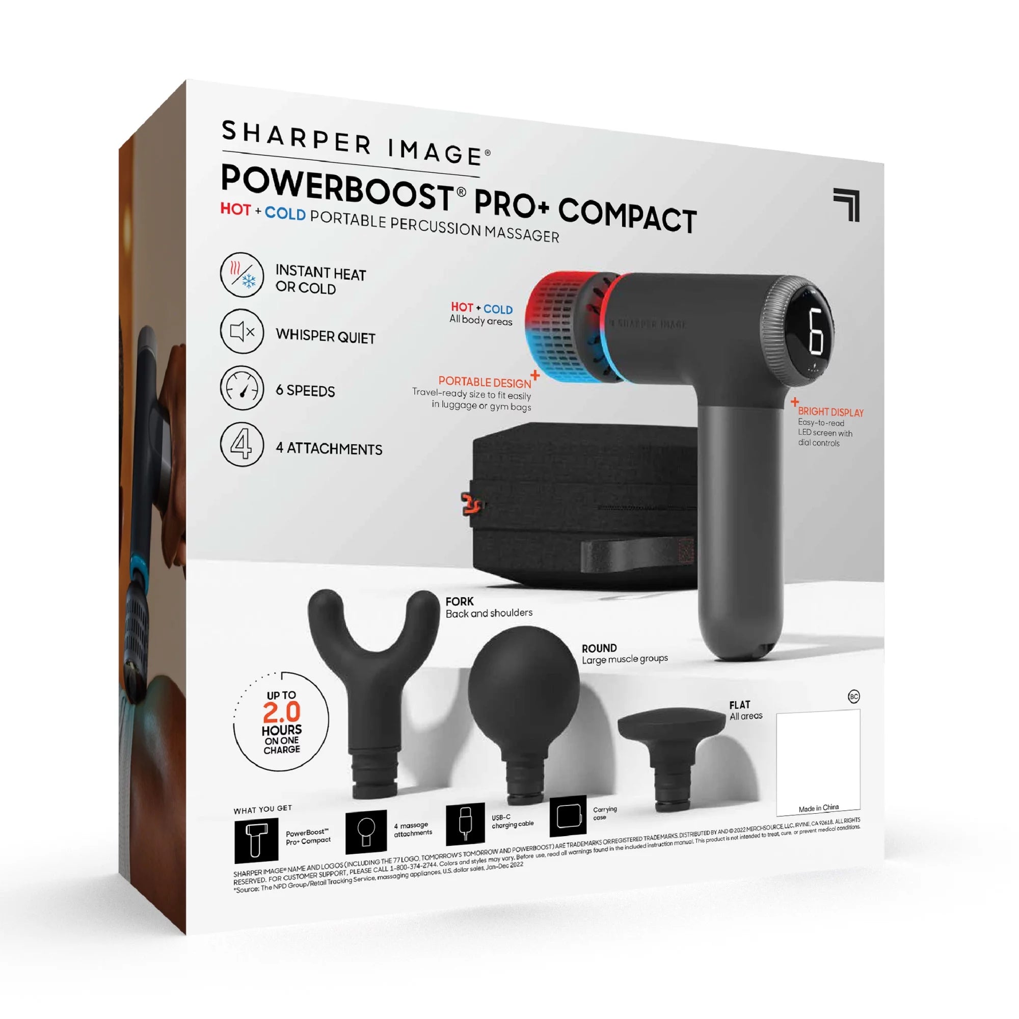 Sharper ImageÂ® PowerboostÂ® Pro+ Compact Hot & Cold Percussion Massager with Dual-Temperature Hot + Cold Massage Node, 6 Speed Settings, 4 Unique Attachments, Portable Design with Carrying Case