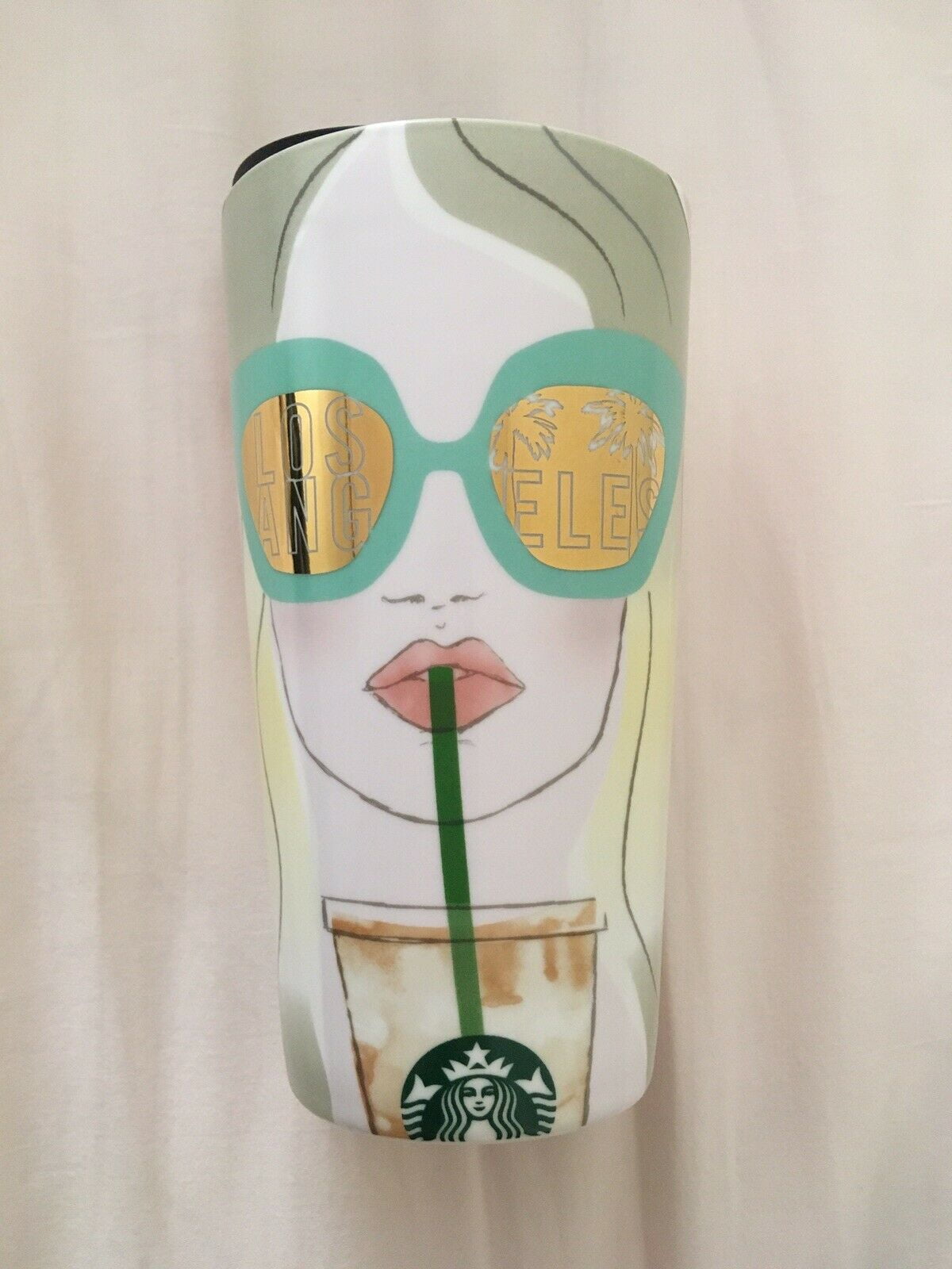 Starbucks Los Angeles Ceramic Travel Tumbler/Cup 12 Oz Woman with sunglasses