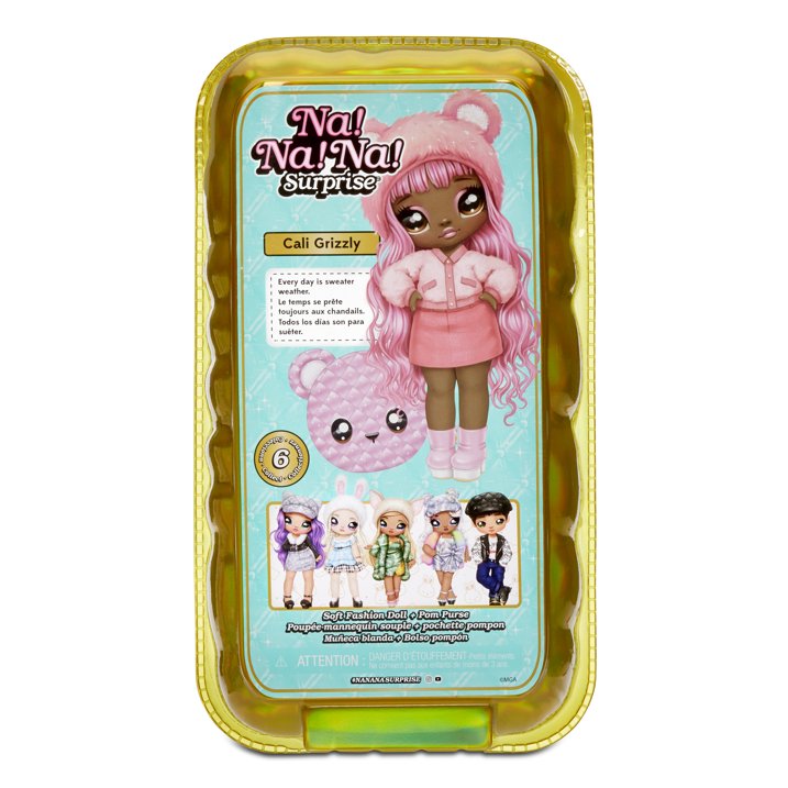 Na Na Na Surprise Glam Series Cali Grizzly Fashion Doll And Bear Purse, Pink Hair Doll With Metallic Pink Bear Purse, 2-In-1 Toy for Girls Ages 5 6 7+