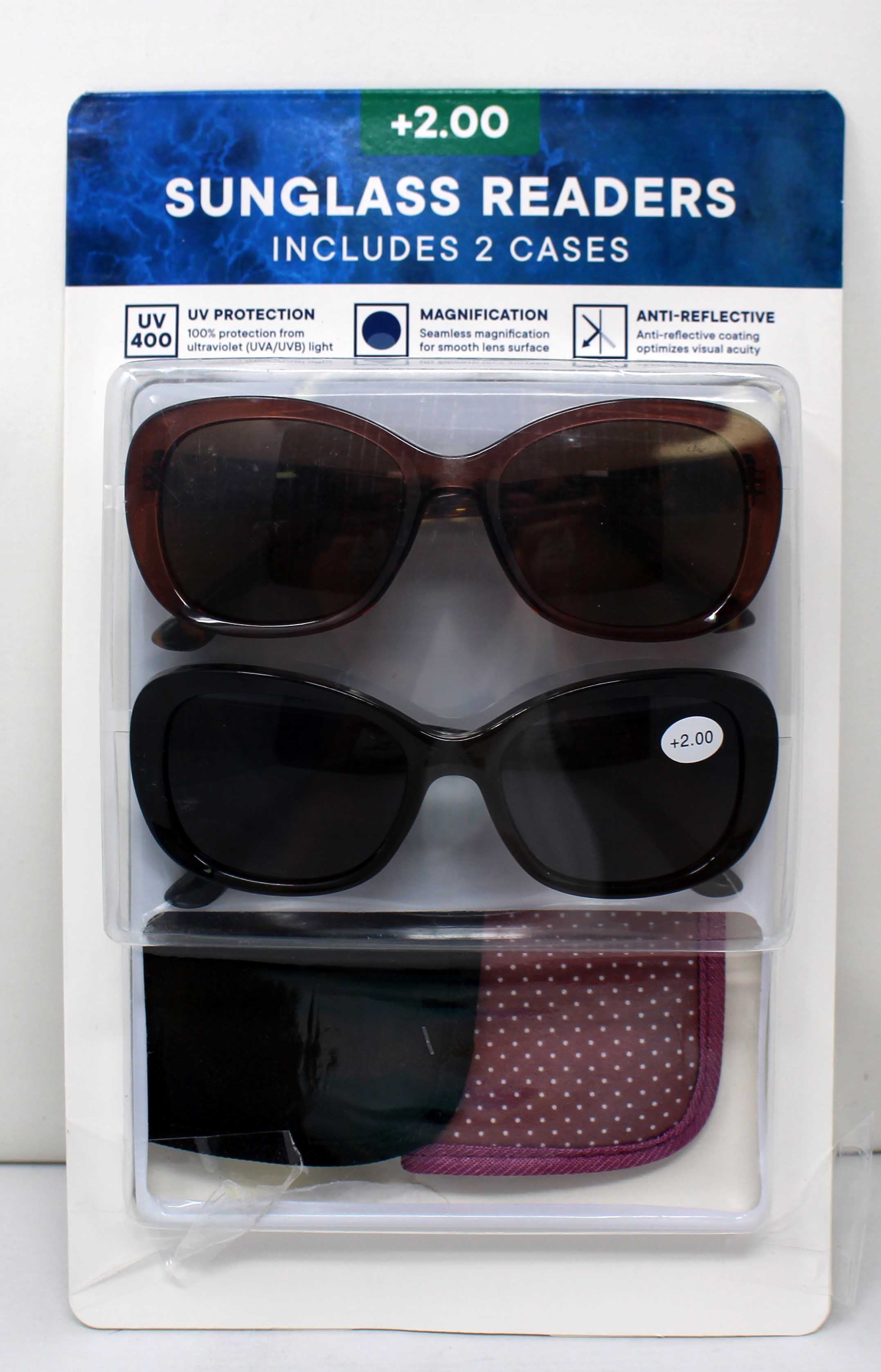 Sunglass Readers Full Frame UV Protection Includes 2 Cases +2.00