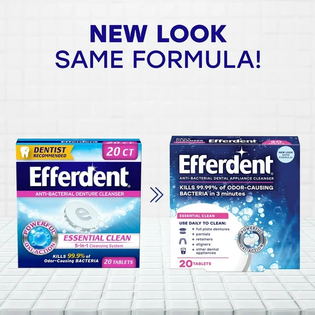 Efferdent Denture & Retainer Cleanser Tablets, Essential  Clean, 20 Tablets