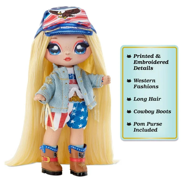 Na Na Na Surprise Glam Series 2 Erika Featherton - Patriotic Eagle-Inspired 7.5" Fashion Doll with Blonde Hair and Metallic Clip-on Eagle Purse, 2-in-1 Gift, Toy for Kids Ages 5 6 7 8+ Years