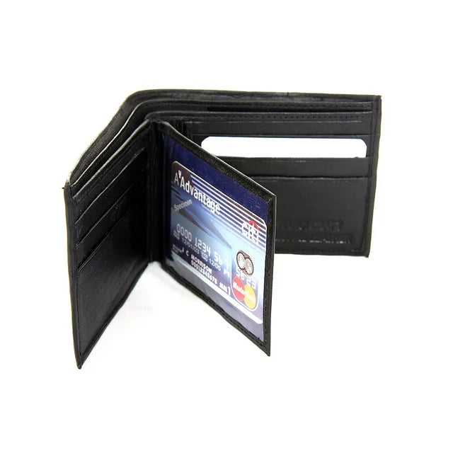 Men's Double Bill Bifold 6 Credit Card 2 ID Window Leather Black Wallet 3.5 x 4.5 inches