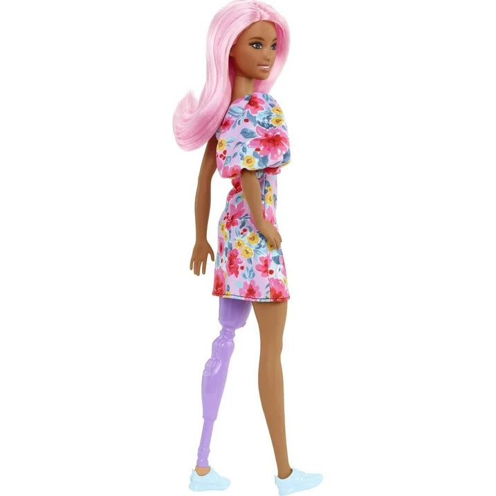 Barbie Fashionistas Doll #189 in Floral Dress with Prosthetic Leg, Pink Hair & Accessories