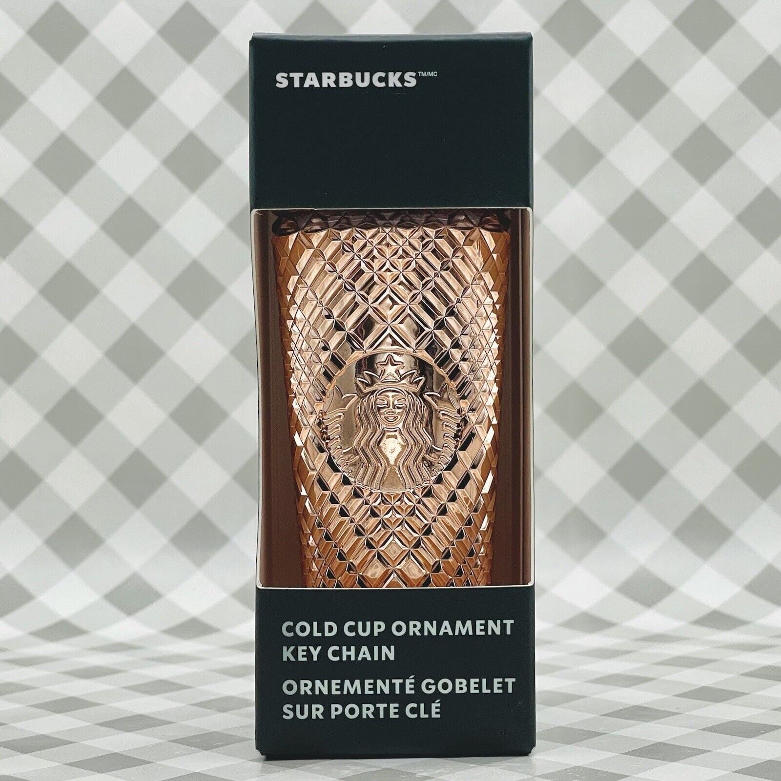 Starbucks 2023 Rose Gold Metallic Mirror Mini Grid  Holiday Cold Cup Ornament Keychain box in wrinkled shape