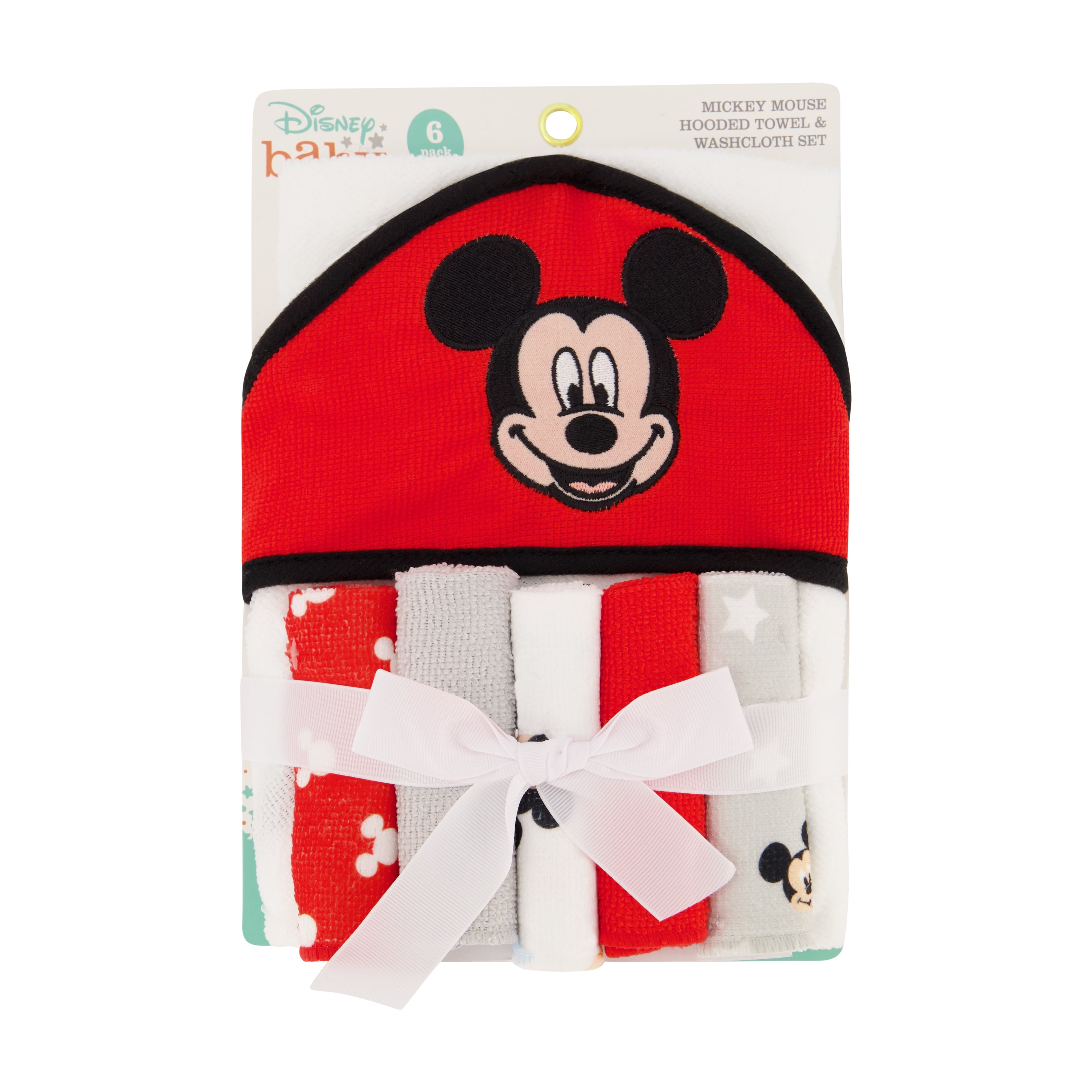 Disney Baby Mickey Mouse Hooded Towel with 5 Piece Washcloth Set, Happy Face Print