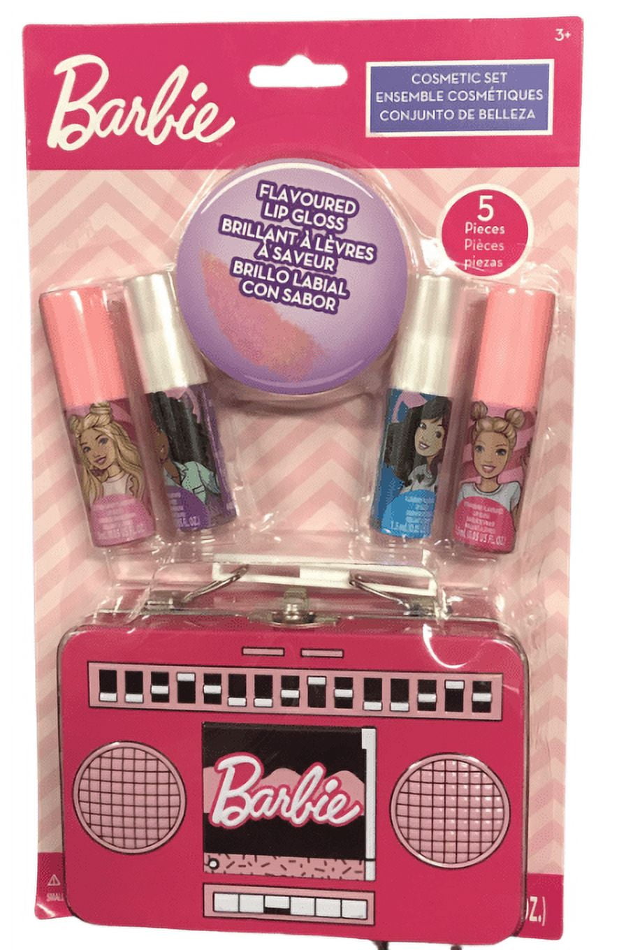 Barbie Cosmetic set 5 flavored Lip Gloss set includes Boombox Shape Box