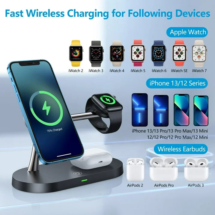 UUTO 5 in 1 Magnetic Wireless Charger Compatible for iPhone 13/12 Series, iWatch 7/SE/6/5/4/3/2, Airpods 3/2/Pro, 15W Fast Wireless Charging Station with QC 3.0 Adapter