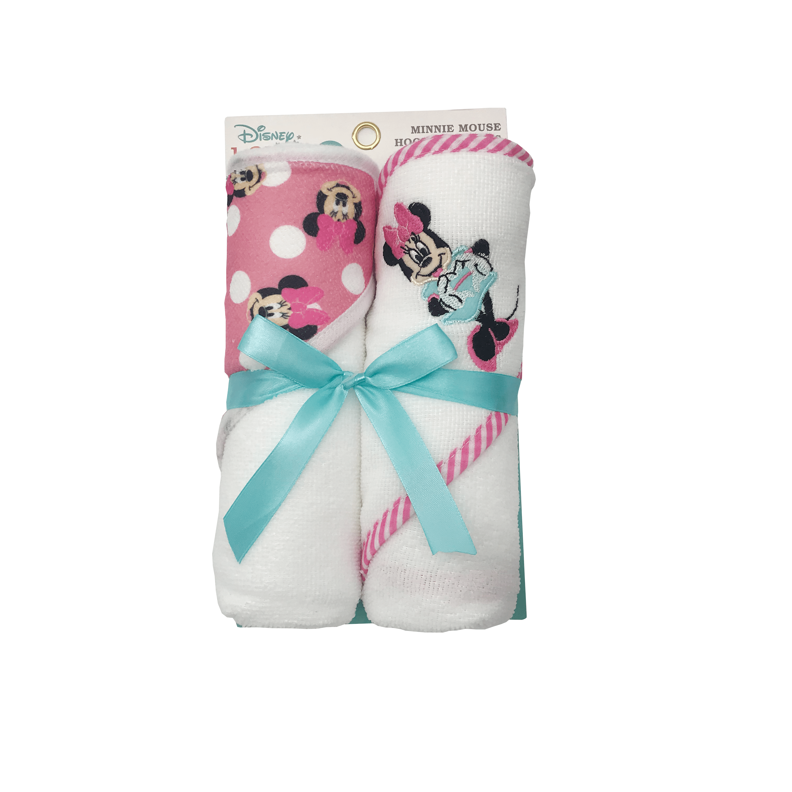 Disney Cudlie Baby Girl Minnie Mouse 2 Pack Rolled/Carded Hooded Towels in Happy Dots Print