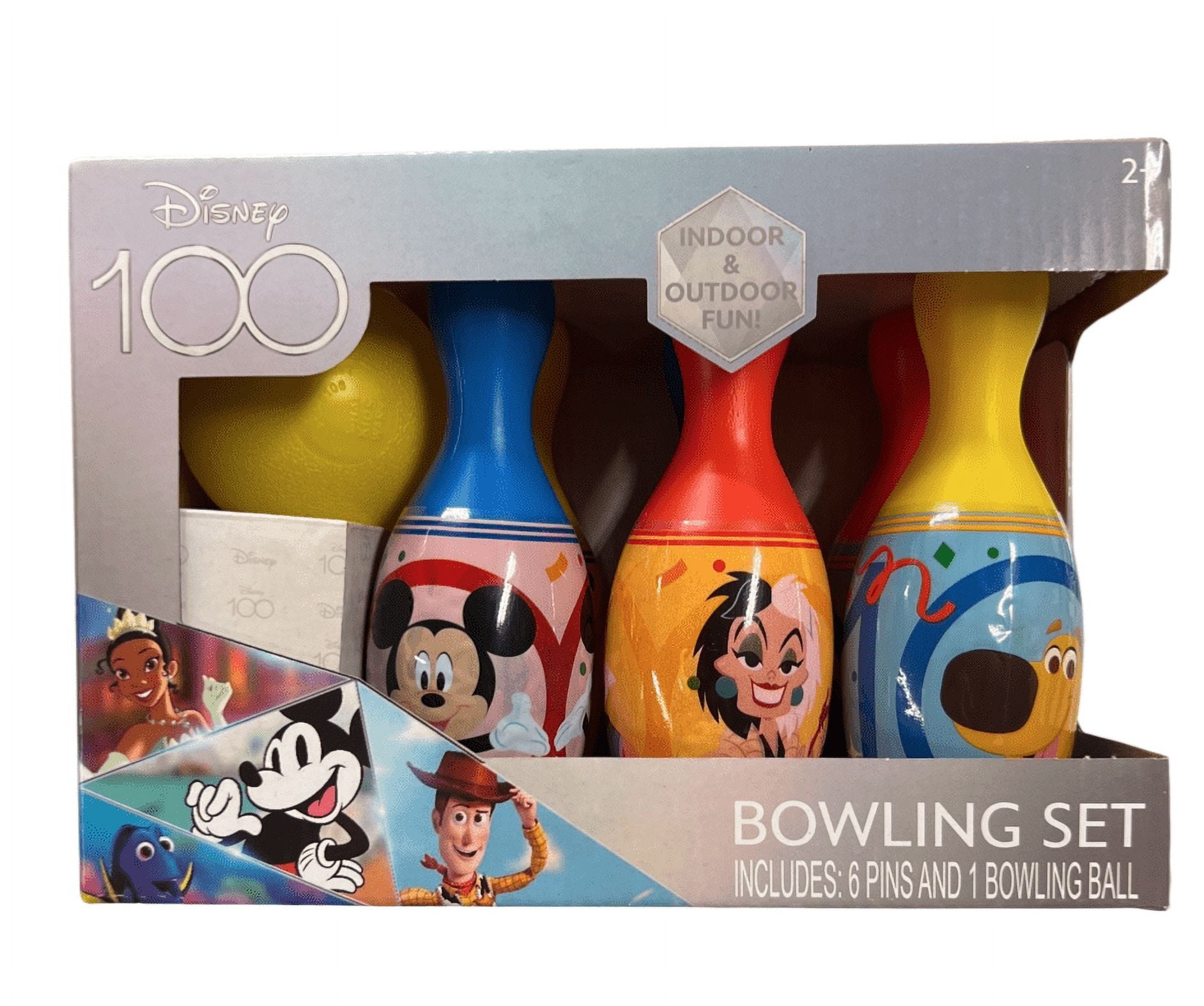 Disney 100 Bowling Set includes 6 Pins and 1 Bowling Ball