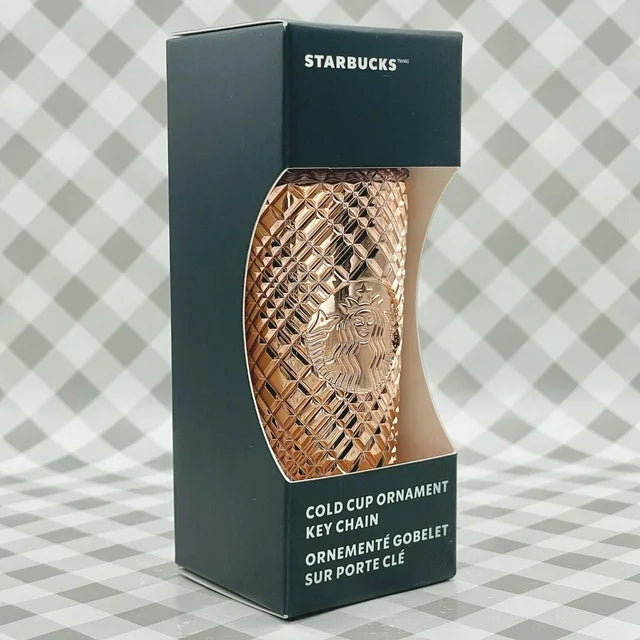 Starbucks 2023 Rose Gold Metallic Mirror Mini Grid  Holiday Cold Cup Ornament Keychain box in wrinkled shape