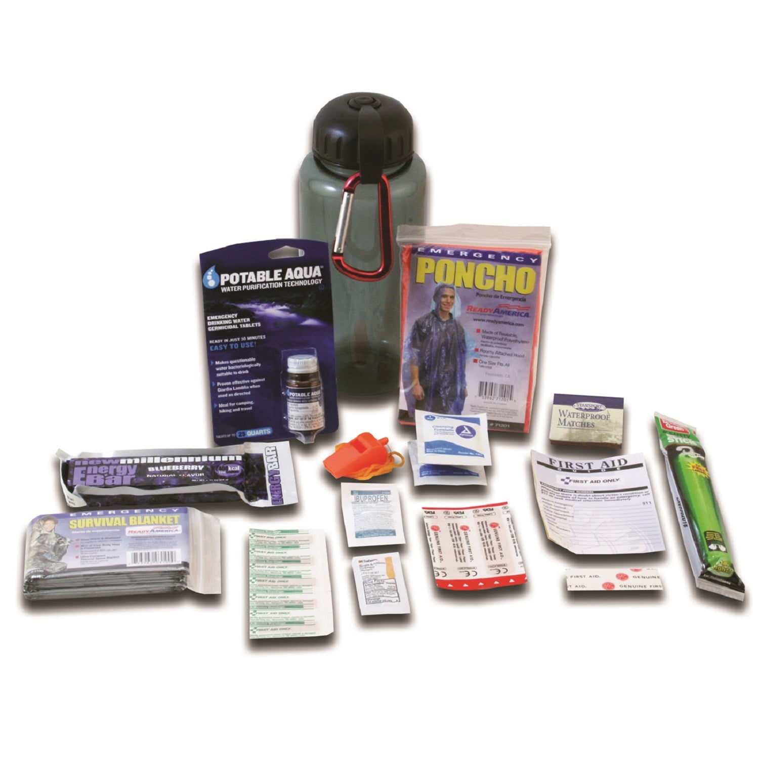 Ready America Deluxe Water Bottle Survival Kit, 32 Fluid oz,  BPA free, 1 Person, 1 Day Survival