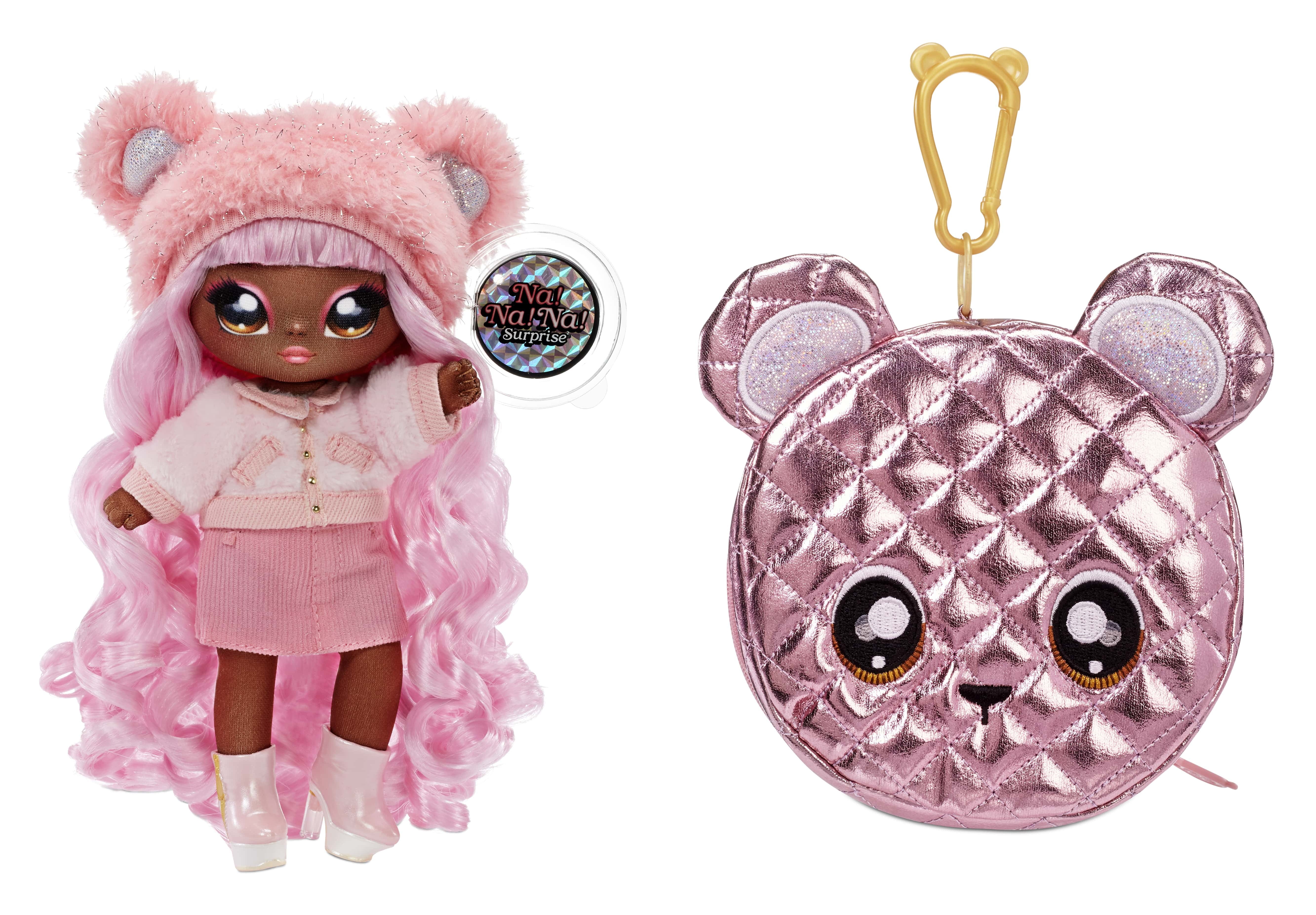 Na Na Na Surprise Glam Series Cali Grizzly Fashion Doll And Bear Purse, Pink Hair Doll With Metallic Pink Bear Purse, 2-In-1 Toy for Girls Ages 5 6 7+