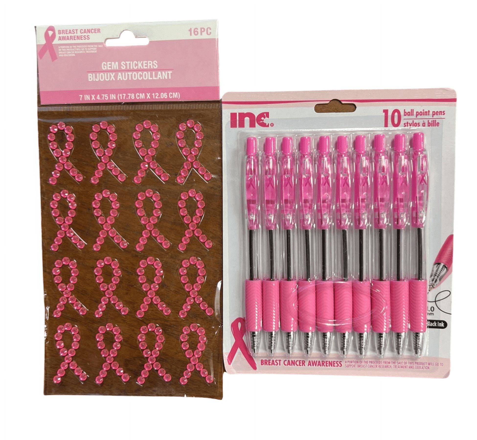 Breast Cancer Awareness Pink Ribbon Black Ball Point Pens 10-Pack and Pink Breast Cancer Gem Stickers 16 Count