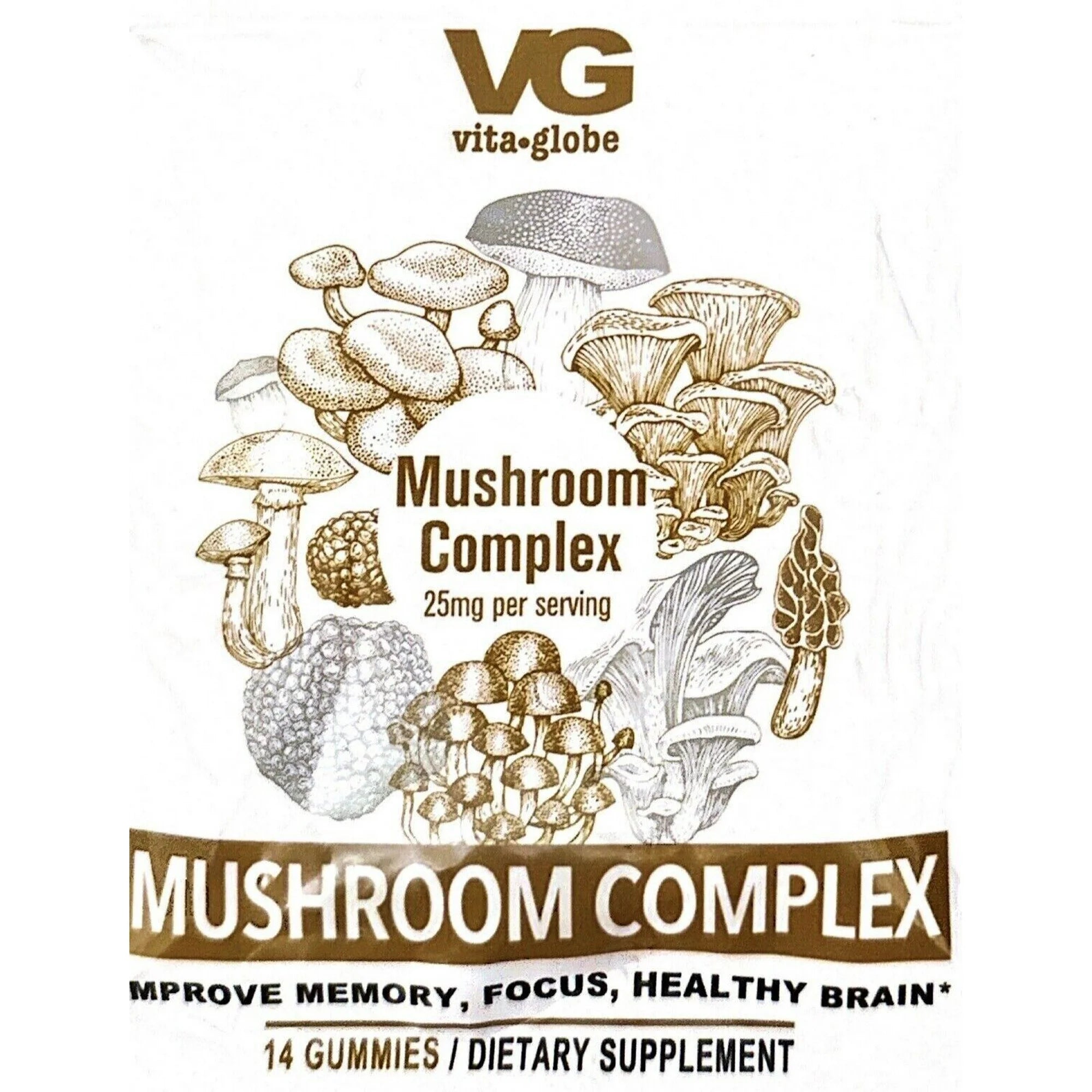 VG Mushroom Complex 25mg per serving 14 gummies pack Improve Memory, Focus Healthy Brain Vita Globe