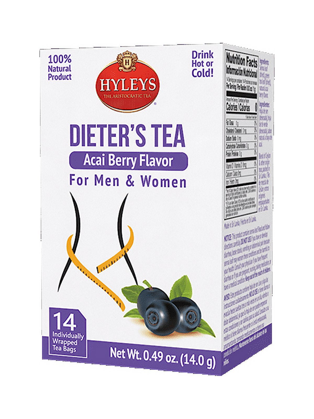 Hyleys Weight Loss Tea - Green Tea with Senna Leaf - Acai Berry Flavor - 14 Tea Bags - Dieter's Slimming Collection