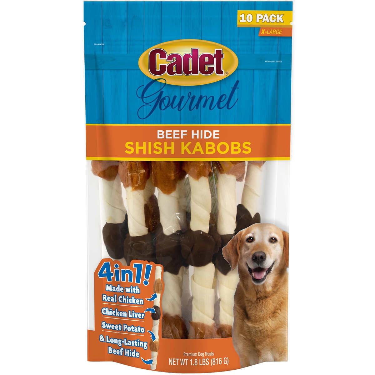 Cadet Gourmet X-Large Dog Treats, Beef Hide Shish Kabobs, 10 Count