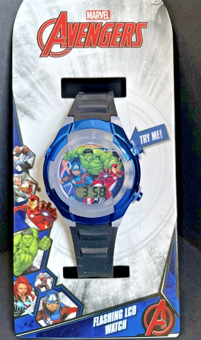 Avengers Youth Watch Flashing LCD Watch Black Band w/Metallic Blue Bezel