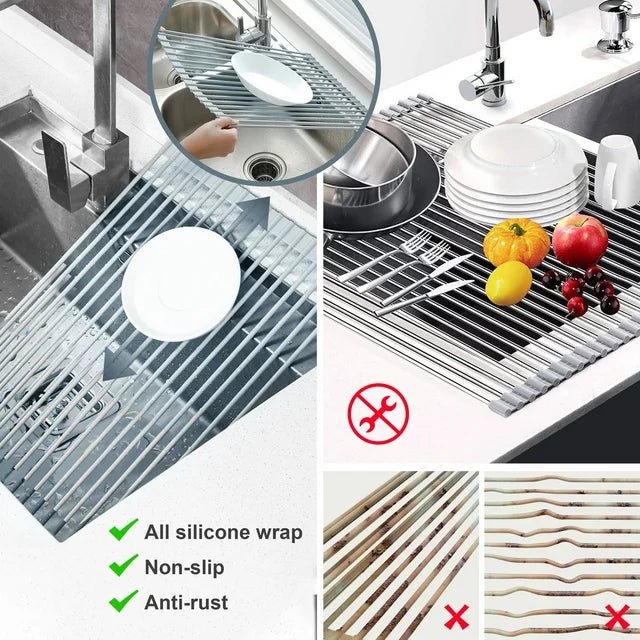 Ideal Kitchen Roll Up Dish Drying Rack, Over Sink Dish Drying Rack, Foldable All Silicone Coated Rolling Sink Rack Mat with(Tough Steel Iron Rod )Dish Drainer for Kitchen (17''x 13'')